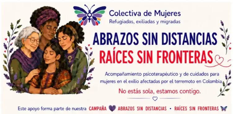 Cartel de Abrazos sin distancias, raíces sin fronteras.