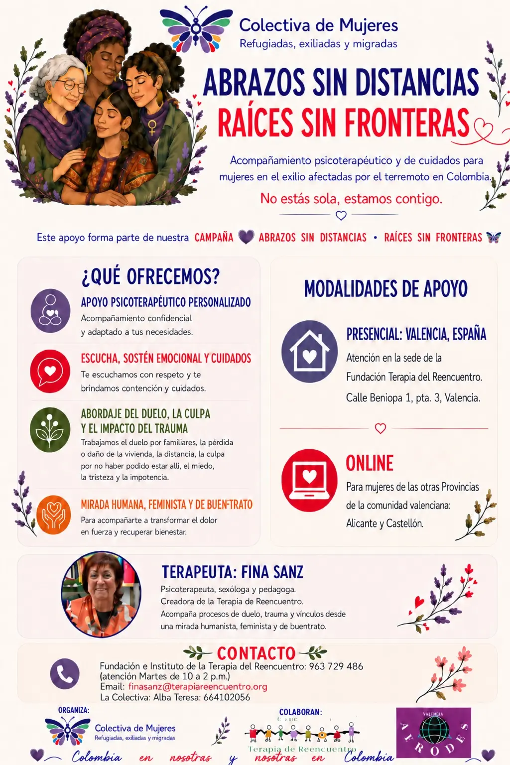 Cartel de Abrazos sin distancias, raíces sin fronteras.